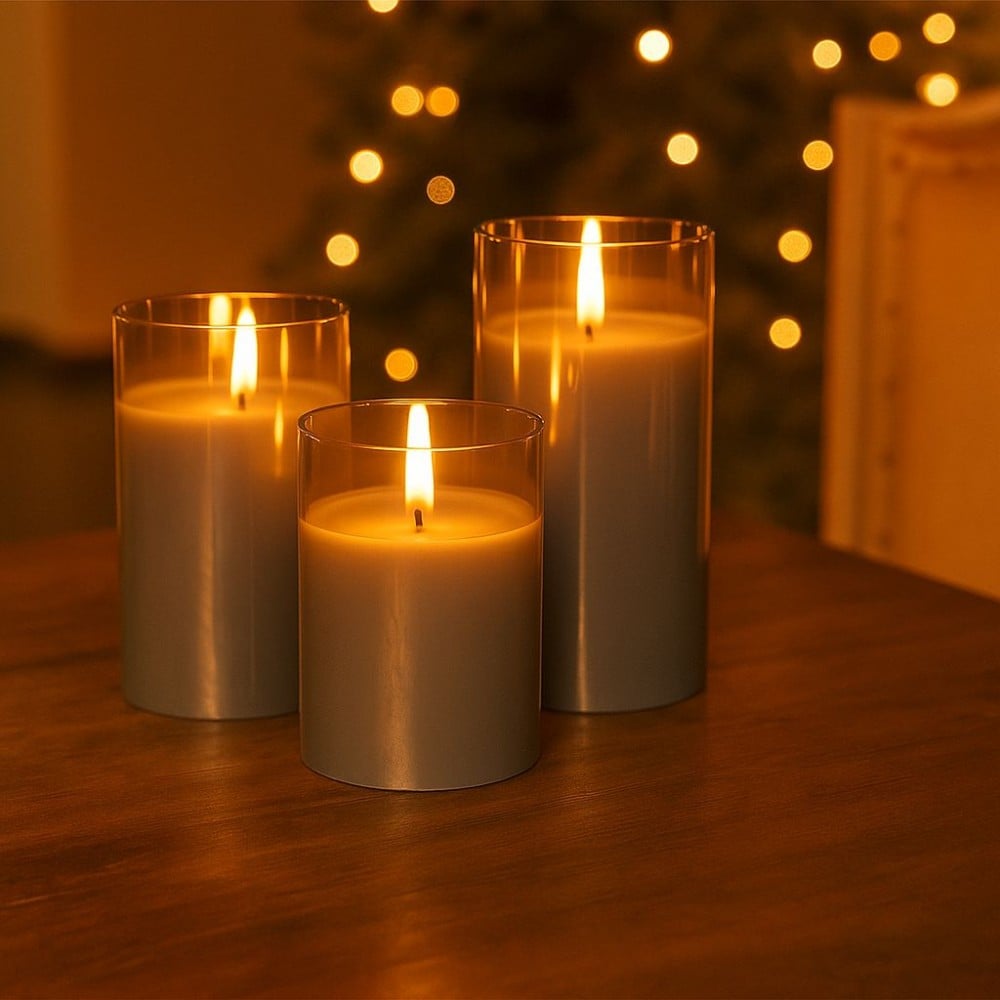 Set di 3 Candele a LED in Vera Cera in Vetro con Timer Grigio