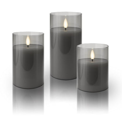 Set di 3 Candele a LED in Vera Cera in Vetro con Timer Grigio