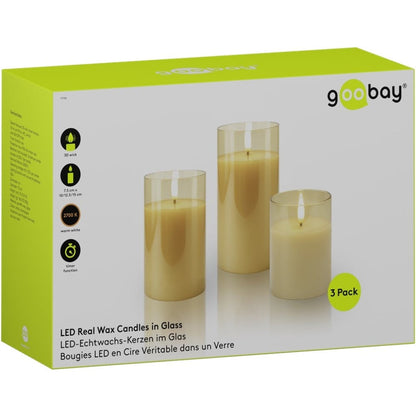 Set di 3 Candele a LED in Vera Cera in Vetro con Timer Oro