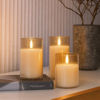 Set di 3 Candele a LED in Vera Cera in Vetro con Timer Oro
