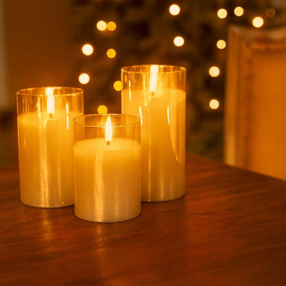 Set di 3 Candele a LED in Vera Cera in Vetro con Timer Oro