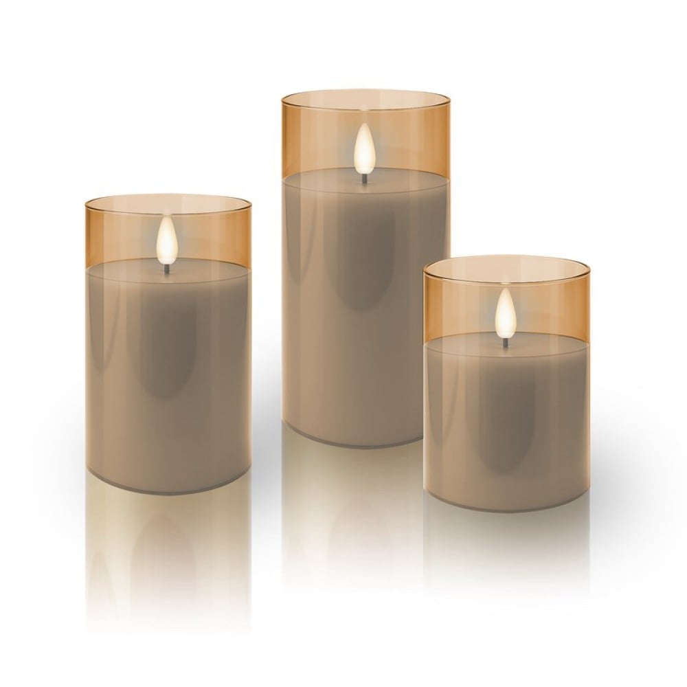 Set di 3 Candele a LED in Vera Cera in Vetro con Timer Oro