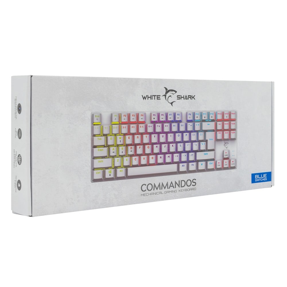 Tastiera Gaming Meccanica USB Anti Ghosting Retroilluminazione LED RGB 87 Tasti Bianco, COMMANDOS
