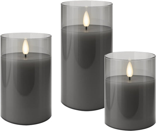 Set di 3 Candele a LED in Vera Cera in Vetro con Timer Grigio