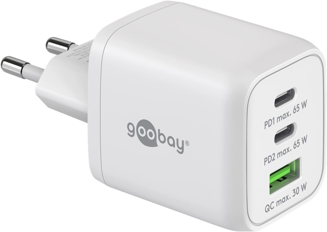 Nano Caricatore Alimentatore GaN 2xUSB-C&trade; (PD) + USB-A (QC) da Muro 65W Bianco