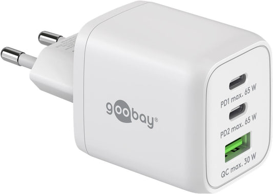 Nano Caricatore Alimentatore GaN 2xUSB-C&trade; (PD) + USB-A (QC) da Muro 65W Bianco
