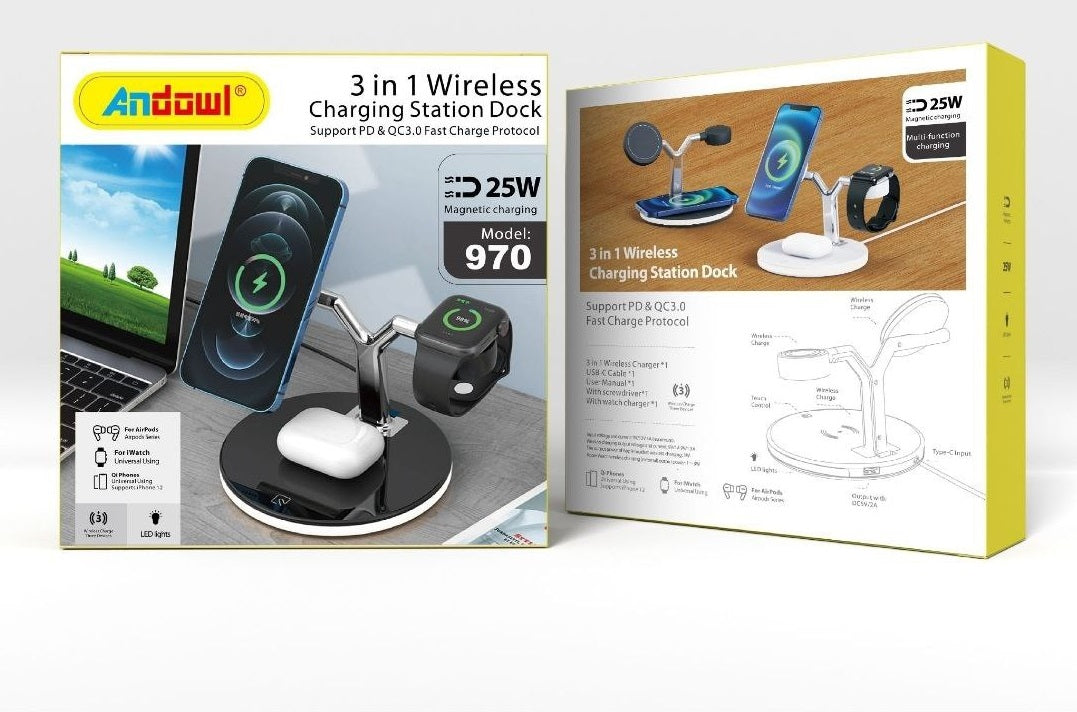 Caricabatterie wireless 3  in 1 model 970 15w per Iphone 12s / 12pro iwatch airpods pro stazione di ricarica rapida magnetica dock stand touch light