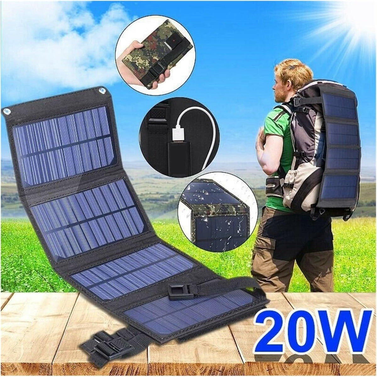 Pannello Solare Pieghevole USB 20W – Portatile, Impermeabile, Flessibile, per Ricarica di Telefoni e Power Bank