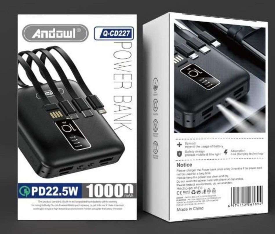 Batteria Esterna per Smartphone e Tablet, Cavi USB-C / Micro-USB / Lightning Integrati - Nero