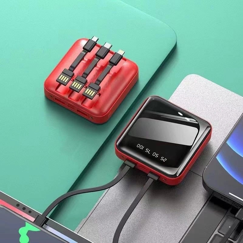 Mini Power Bank 6800mAh con 2 Porte USB e Cavi Integrati Display LED, Torcia e Ricarica Universale per Smartphone e Dispositivi Portatili