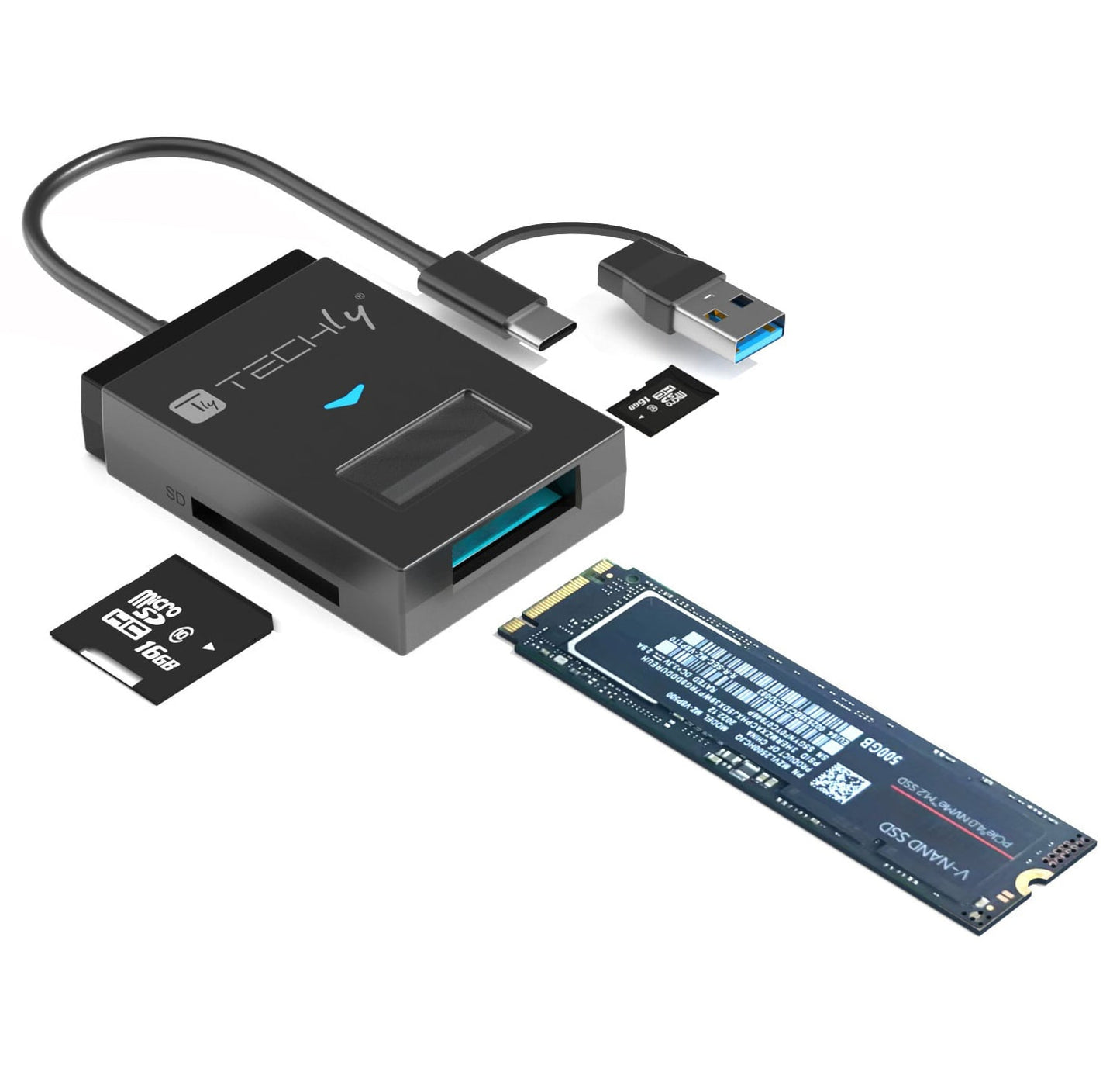 Adattatore USB-A/USB-C a NVME/SATA M.2 con Lettore Memorie SD/TF