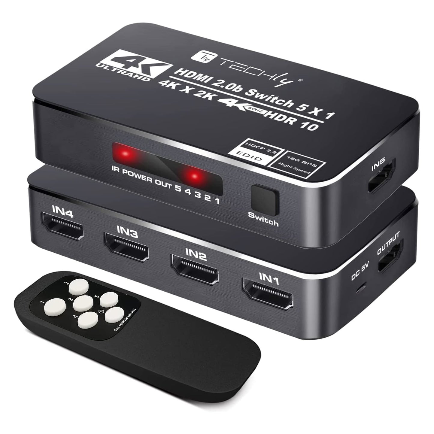 Switch HDMI 2.0b 5in 1out 4K HDR HDCP2.2 con Telecomando