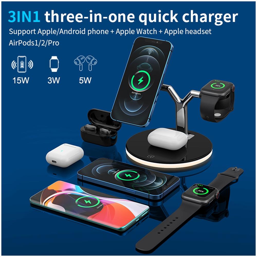 Caricabatterie wireless 3  in 1 model 970 15w per Iphone 12s / 12pro iwatch airpods pro stazione di ricarica rapida magnetica dock stand touch light
