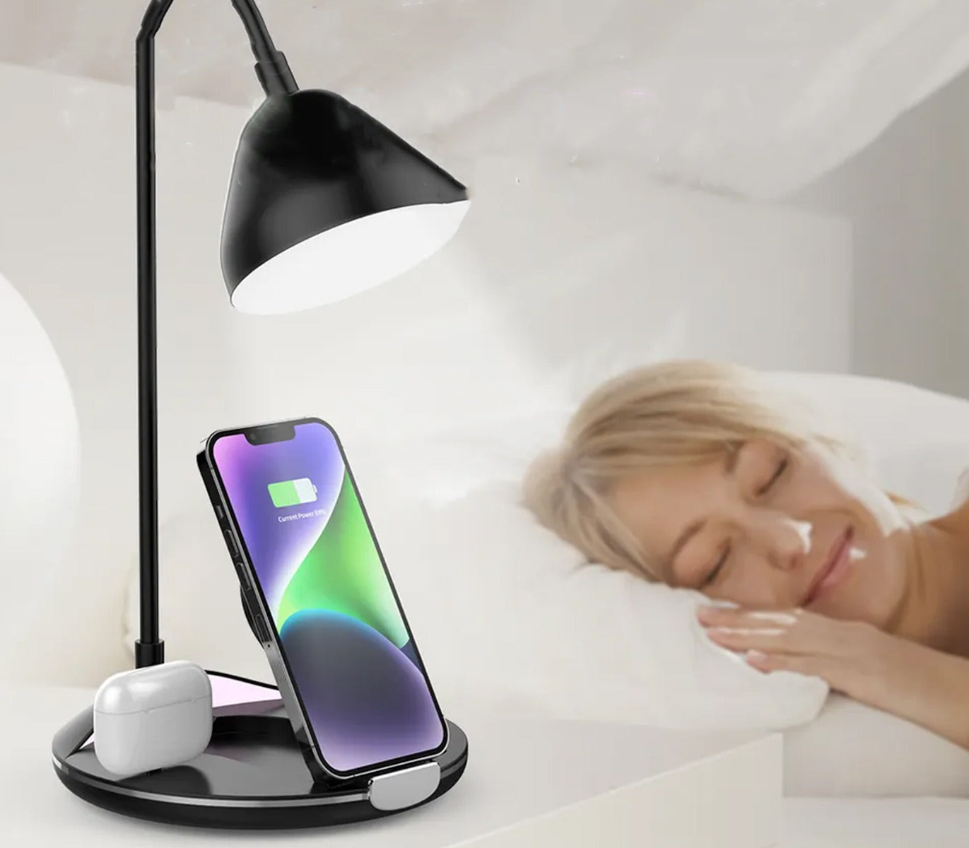 Lampada da Tavolo LED Ricaricabile 5 in 1 - Senza Fili, Caricabatterie Wireless, Dimmerabile con 3 Intensità di Luce
