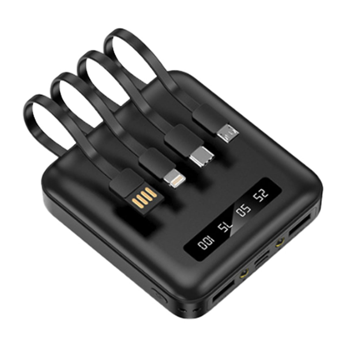 Batteria Esterna per Smartphone e Tablet, Cavi USB-C / Micro-USB / Lightning Integrati - Nero