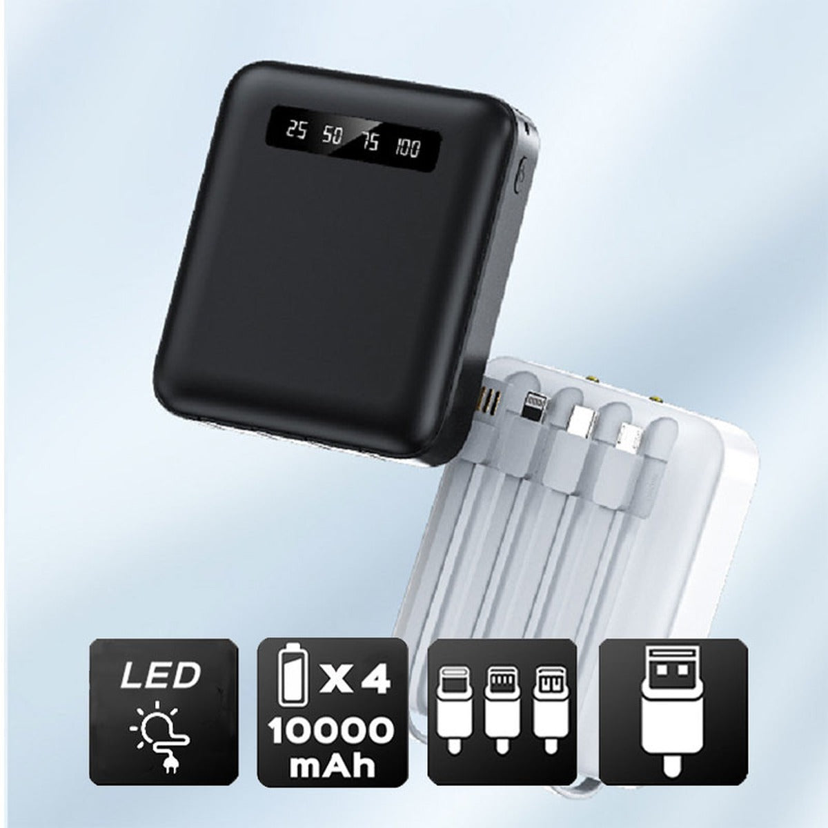 Batteria Esterna per Smartphone e Tablet, Cavi USB-C / Micro-USB / Lightning Integrati - Nero