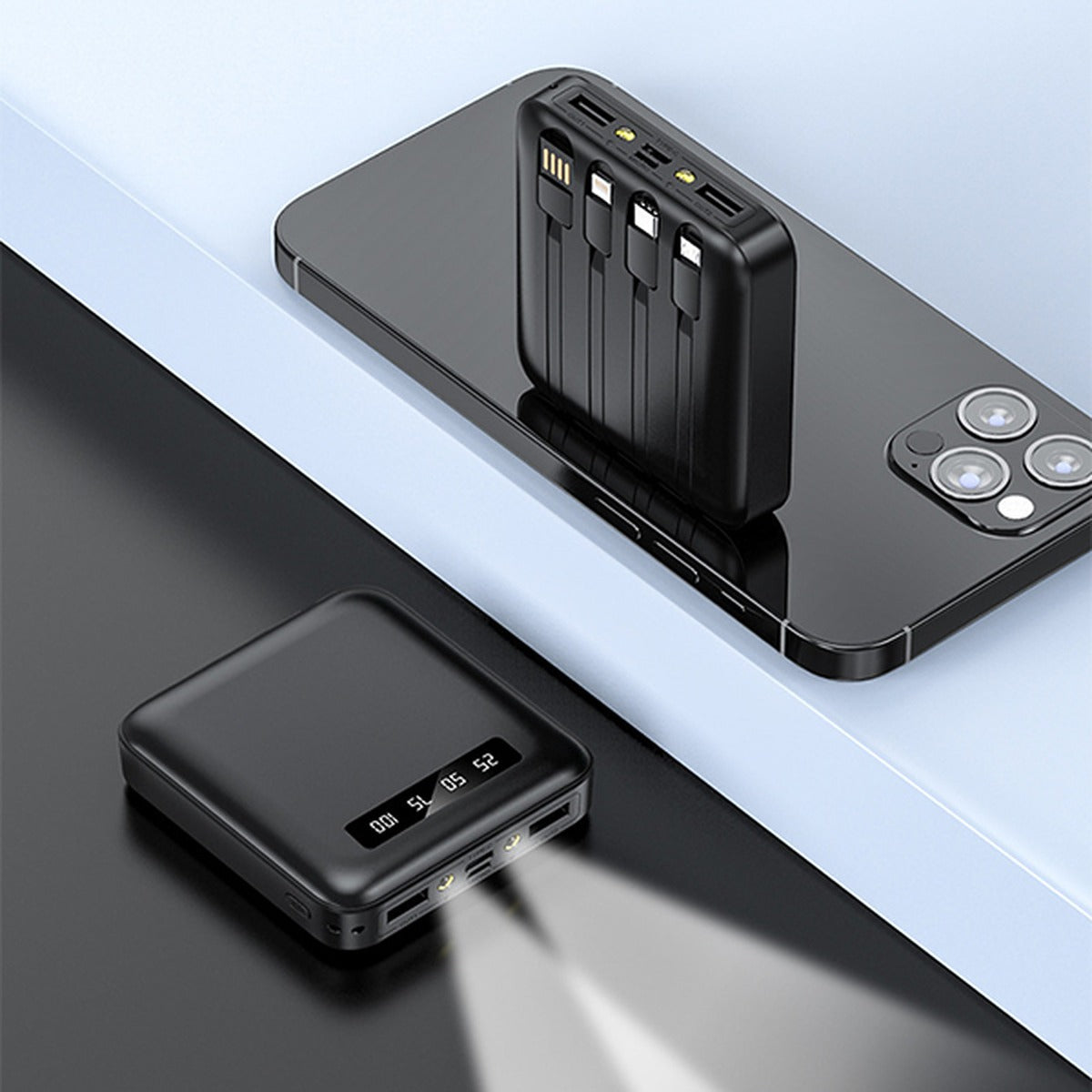 Batteria Esterna per Smartphone e Tablet, Cavi USB-C / Micro-USB / Lightning Integrati - Nero