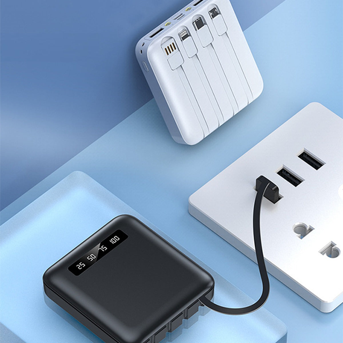 Batteria Esterna per Smartphone e Tablet, Cavi USB-C / Micro-USB / Lightning Integrati - Nero