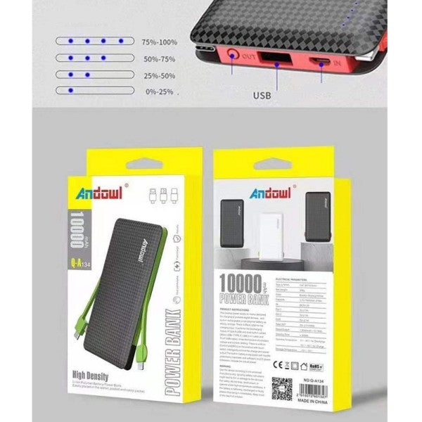 Powerbank 10000mah q-a134 2 cavi connettori micro usb lightning type-c caricatore