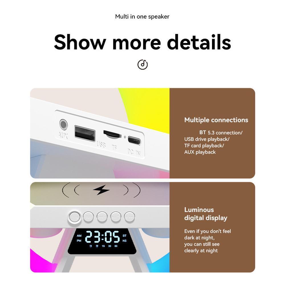 Lampada Altoparlante 3 in 1  bluetooth luce led con orologio caricabatterie wireless audio