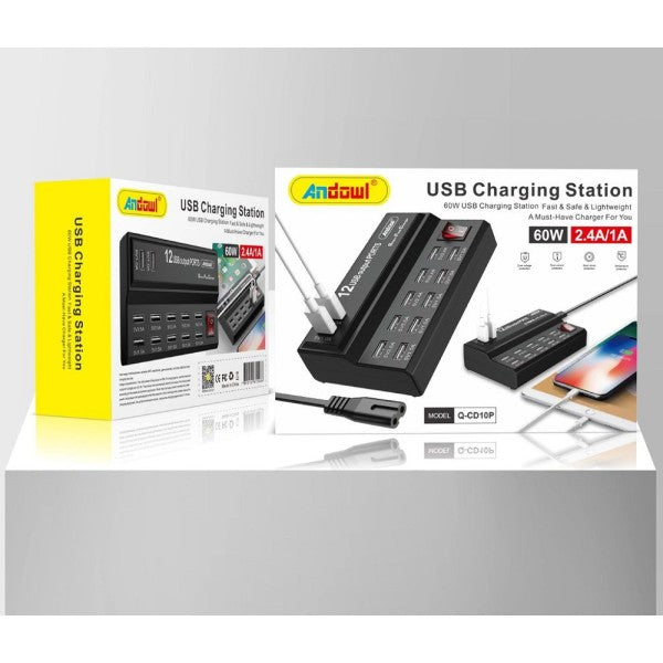 Stazione Di Ricarica Usb 12 Porte 60w 2.1/1a Interruttore Multifunzione Q-Cd10p